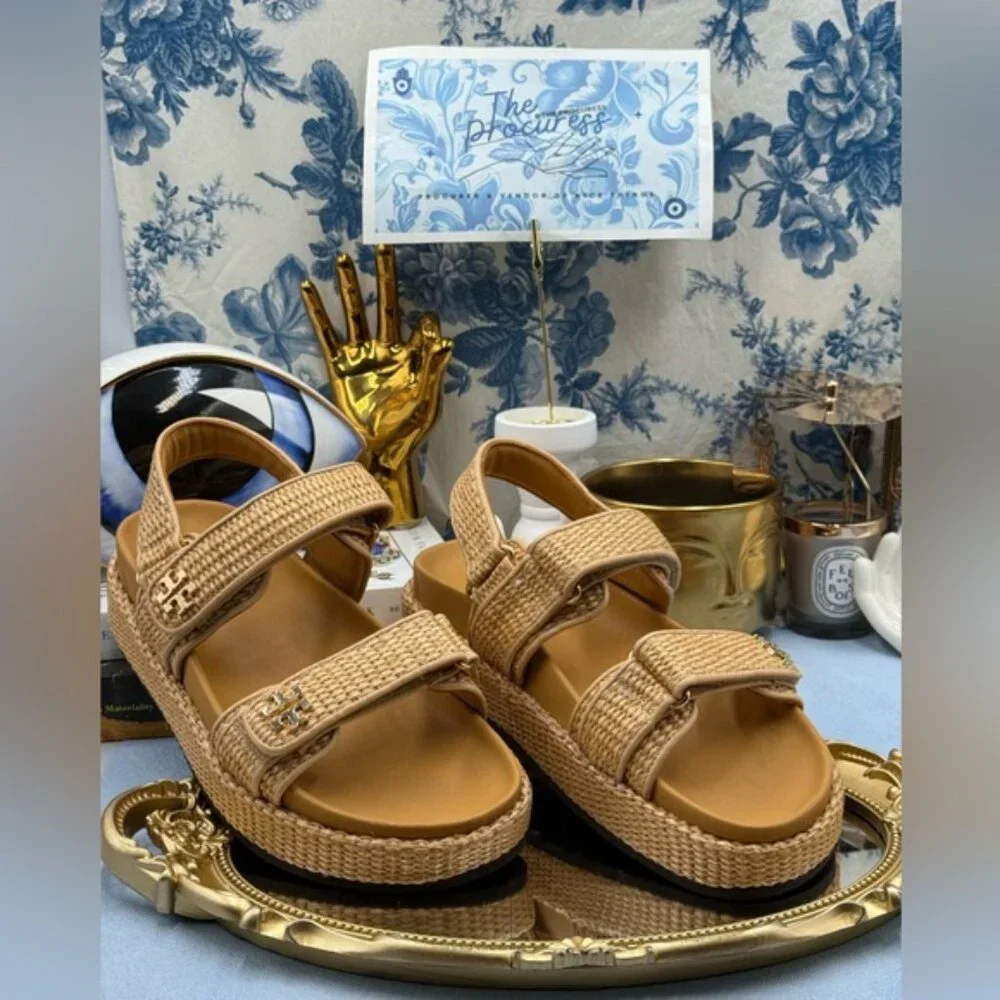 🆕 TORY BURCH 🧿 NWOB Kira Sport Sandal, Havana Sand Natural Raffia - Sz US 8.5 - Picture 2 of 15
